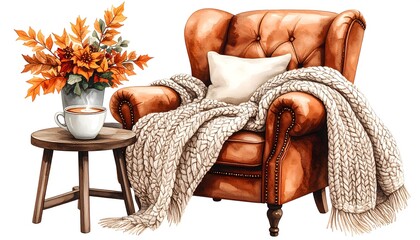 Comfortable Reading Nook with Leather Armchair and Fall Flowers in Watercolor