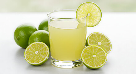 Refreshing citrus beverage in a clear glass, surrounded by freshly sliced limes. It's a celebration of natural flavors and refreshing summer thirst-quenchers. 