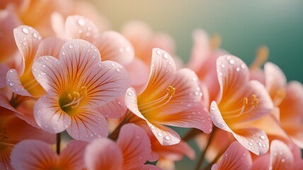 Macro photography of freshly cut flowers covered with dew, pastel colors, the atmosphere of a morning garden, poetic and romantic mood