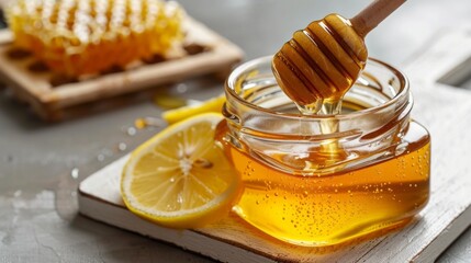 Golden Honey Drizzling from Wooden Dipper into Glass Jar alongside Lemon Slice and Honeycomb Background showcasing Natural Sweetness