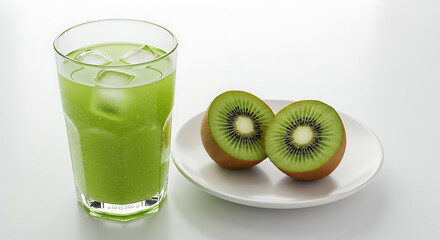 A vibrant glass of refreshing green kiwi juice is featured alongside a sliced kiwi, beautifully presented on a clean, simple background.