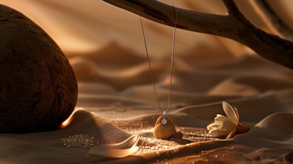Elegant diamond pendant necklace displayed against a backdrop of brown fabric, wood, and a flower, bathed in warm sunlight.