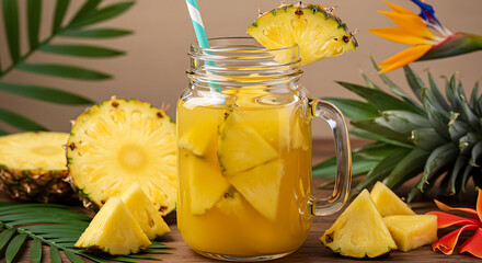 A refreshing pineapple juice served in a mason jar, accompanied by fresh pineapple chunks and a vibrant tropical flower, inviting a taste of sunshine.