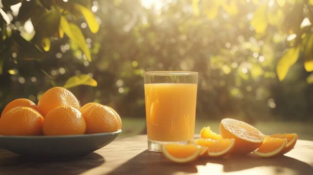 Fresh orange juice, orchard setting, sunlit background, healthy breakfast