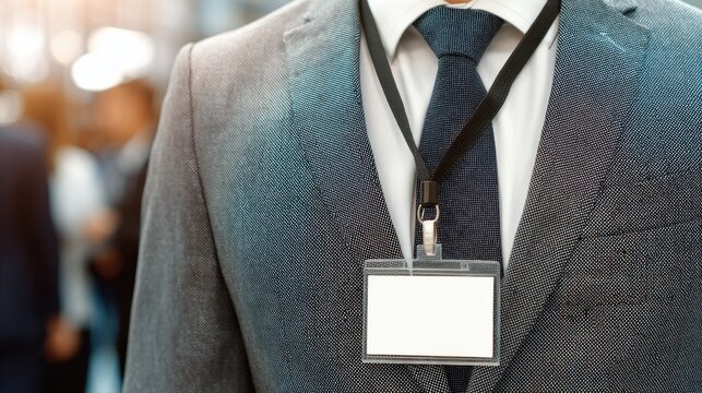 Businessman with blank security ID card on lanyard at event