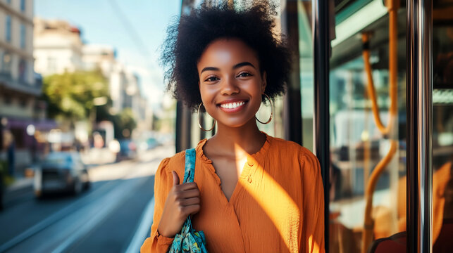 Smiling woman with curly hair stands inside city tram during sunny day