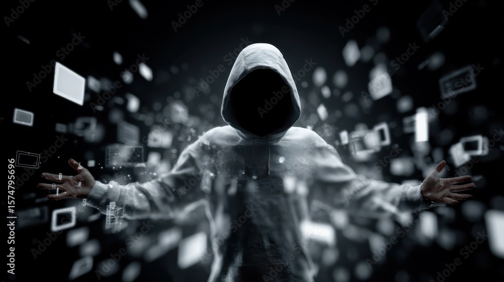Poster faceless figure in a hoodie surrounded by floating tech gadgets with a blurred dark background illus