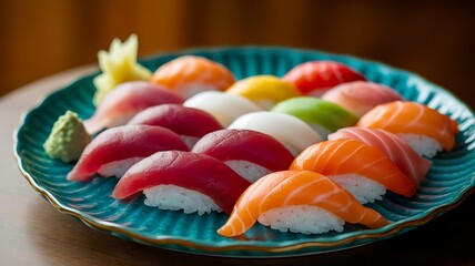 A close-up photo of a perfectly sliced sushi roll, showing the crisp layers of shiny fish, bright green wasabi on the side.