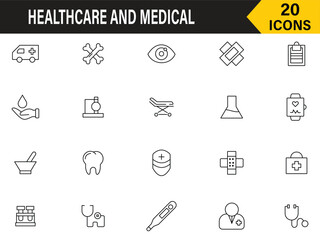 Healthcare and medical icon set. Containing healthcare, doctor, hospital, ambulance, syringe, blood, heart and more. Medicine and health care linear icon collection. Vector illustration.