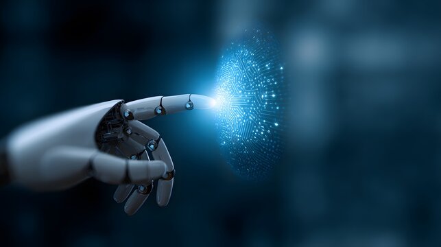 Close up of robotic mechanical hand touching digital hologram of blockchain and cryptocurrency futuristic finance and technology fusion with abstract blue cyber background popular for fintech visuals - Powered by Adobe