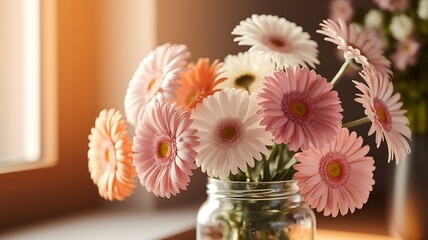 Close-up of fresh cut flowers in glass vase, bright petals, natural elegance and tranquility.