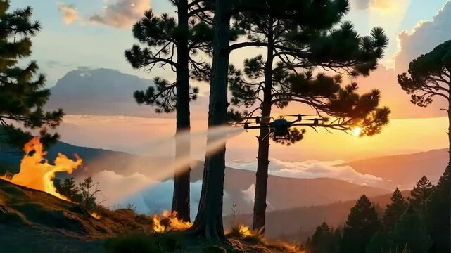 Drone extinguishing forest fire / drone apagando incendio en el bosque