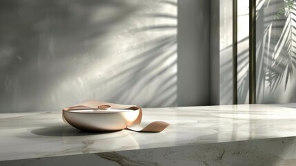 Minimalist still life featuring a stylish bowl with soft fabric detail, bathed in natural light and casting intriguing shadows on textured surfaces