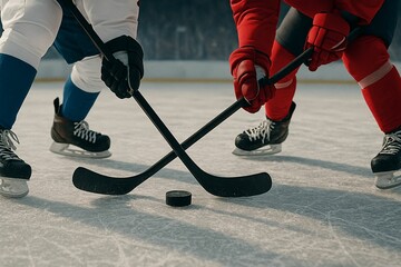 Intense Ice Hockey Face Off Skates Sticks and Puck on Ice Rink CloseUp
