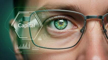 A closeup of an eye with glasses displaying Capital and financial data on a digital interface - Powered by Adobe