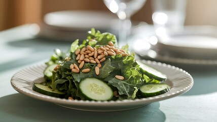 Crisp green salad in a large bowl, fresh lettuce leaves glistening with olive oil.