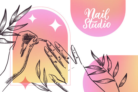 Nail studio, beauty salon banner, poster, flyer design. Woman paints nails with lacquer vector sketch illustration