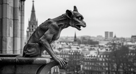 Naklejka premium A gargoyle statue overlooks a cityscape in black and white