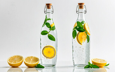 Two Craft Glass Bottles with Water, Lemon, and Mint