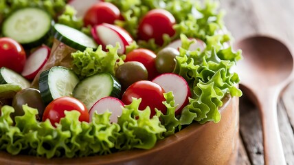 Crisp green salad in a large bowl, fresh lettuce leaves glistening with olive oil.
