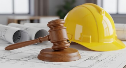 A wooden gavel rests on blueprints next to a yellow hard hat, symbolizing construction law and justice