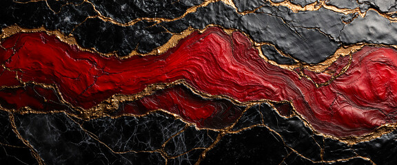 Dark Black Wall with Red Center and Gold Cracked Texture Background