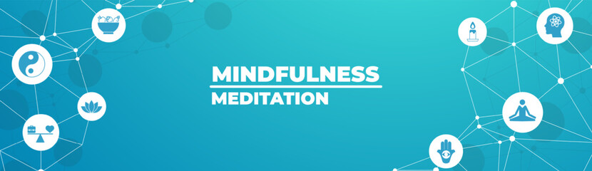 Fototapeta premium mindfulness and meditation and relaxation concept – connected icons related to mindful living, awareness, stress-relief - vector illustration.