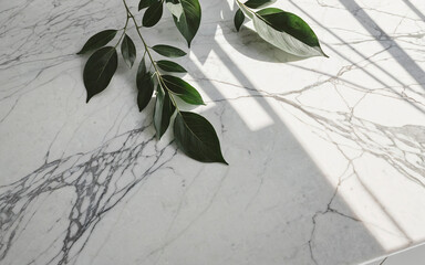 Marble Table with Green Leaves Background