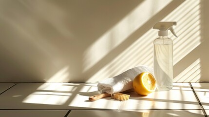Natural Cleaning Still Life Displaying Lemon, Spray Bottle, Brush and Towel With Sunlight and Shadows Over Tiled Surface and Painted Wall