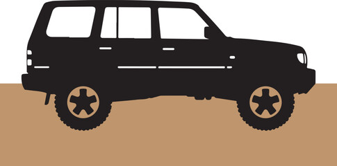 Silhouette of a black suv driving on brown terrain simple vector illustration