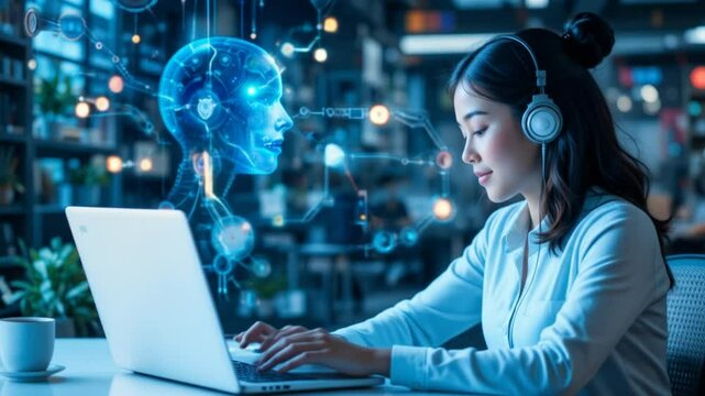 A woman works with an AI agent on a laptop computer, symbolizing the digital autonomy of agents using teamwork and human collaboration in the workplace. 4k video