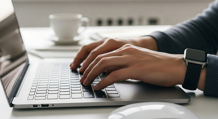 Close-up of hands typing on a laptop keyboard at a modern workspace.