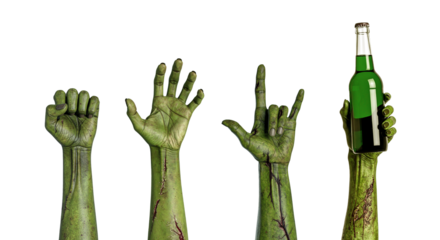 Set of Zombie hands isolated on transparent background. Zombie hand gestures. Rock n Roll Sign, Fist, Hand holding a magic potion.