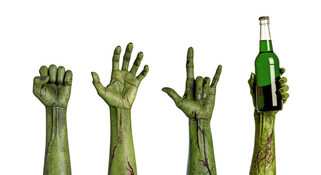 Set of Zombie hands isolated on transparent background. Zombie hand gestures. Rock n Roll Sign, Fist, Hand holding a magic potion. 