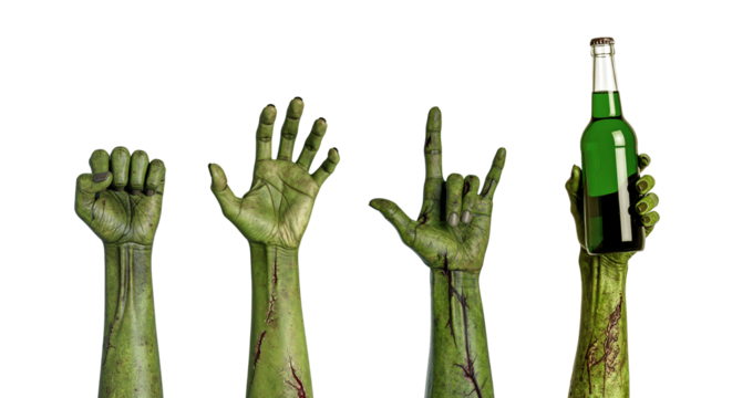 Set of Zombie hands isolated on transparent background. Zombie hand gestures. Rock n Roll Sign, Fist, Hand holding a magic potion.  - Powered by Adobe