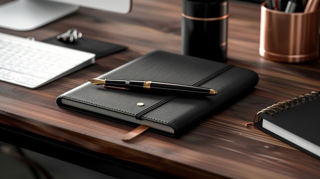 Elegant workspace featuring a black leather notebook with a fountain pen resting on top, and modern accessories around the wooden desk.