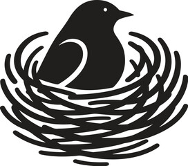 Minimalist Black and White Bird in Nest Logo Design  Silhouette Style Vector Art,Minimalist Black and White Bird in Nest Logo


