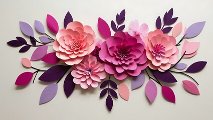 Fototapeta premium Paper Flower Arrangement with Pink and Purple Tones, Colorful Paper Cut Floral Display for Background