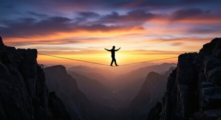 Mountain walker silhouette on rope bridge at sunset Freedom with adventure.