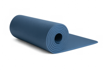 Blue yoga mat partially rolled on transparent background, ideal for fitness and relaxation exercises