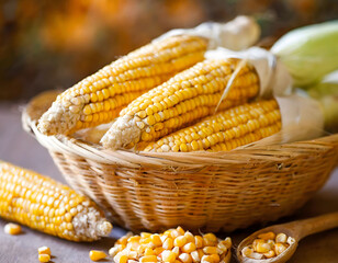 Freshly harvested corn on the cob in a rustic setting