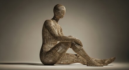 Woven Figure: Contemplative Pose of a Seated, Faceless, Wicker-Like Humanoid