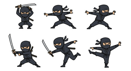  Cartoon Ninja Character Poses with Swords and Combat Actions. Set of 6 cartoon ninja poses in black/grey: various combat stances and sword actions. Ideal for martial arts, Japanese culture, and actio © Fendi