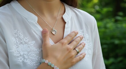 Womans Heartfelt Connection Silver Heart Pendant with Green Backdrop.