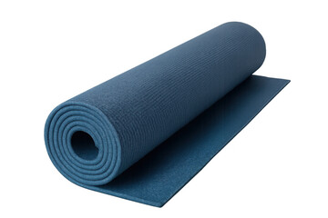 Rolled blue yoga mat, lying flat against transparent surface, representing wellness, fitness, and mindful exercise practices