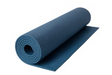 Rolled blue yoga mat, lying flat against transparent surface, representing wellness, fitness, and mindful exercise practices
