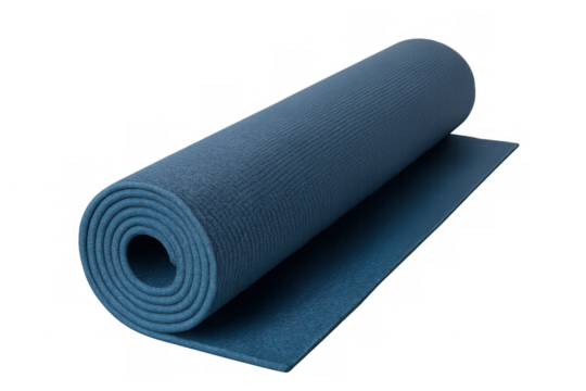 Rolled blue yoga mat, lying flat against transparent surface, representing wellness, fitness, and mindful exercise practices