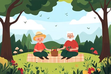 picnic scene with elderly couple holding hands