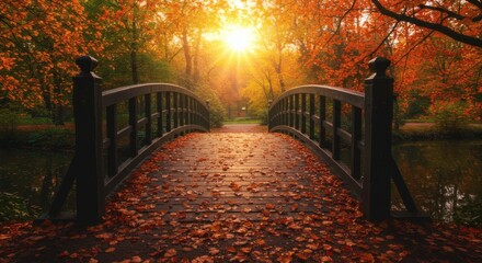 Autumn Bridge Golden Sunlight Through Trees Over Leafy Path.