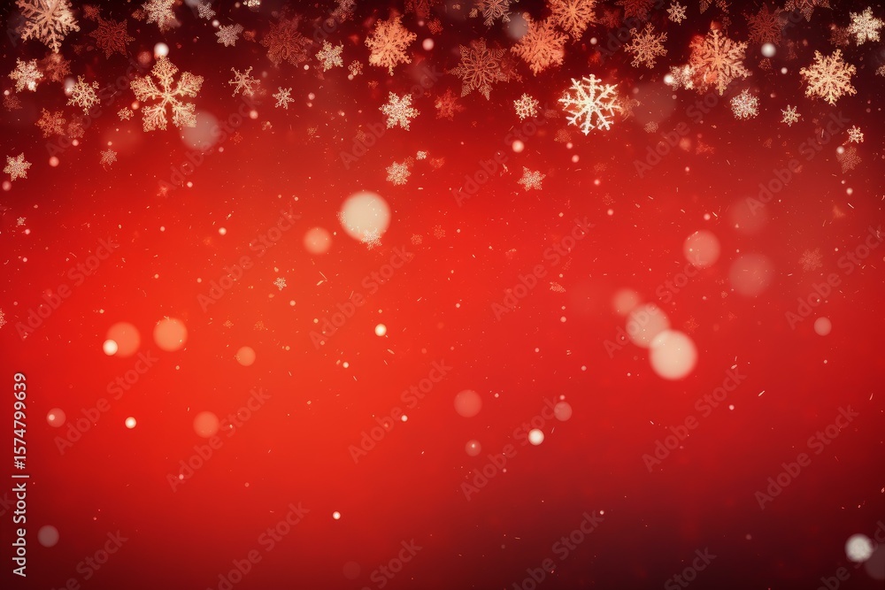 Poster christmas background with falling snowflakes and bokeh effect on red gradient